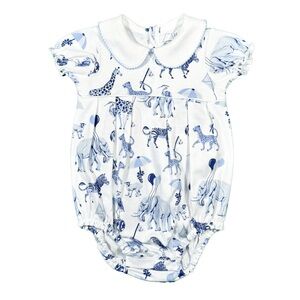 HEYWARD HOUSE Girls Pleated Bubble Peter Pan Collar Safari Romper Blue White
